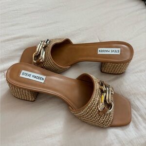 Steve Madden Tan Woven Chain-Trim Block Heel Mules